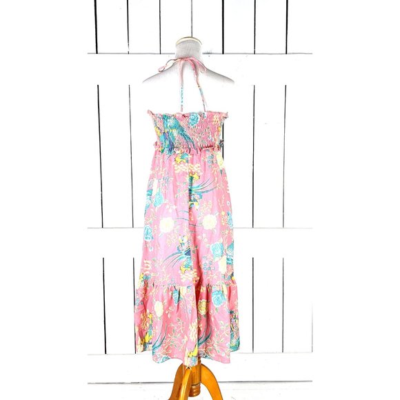 Vintage dusty peach pink floral rushed halter top ruffle dress - Picture 5 of 5